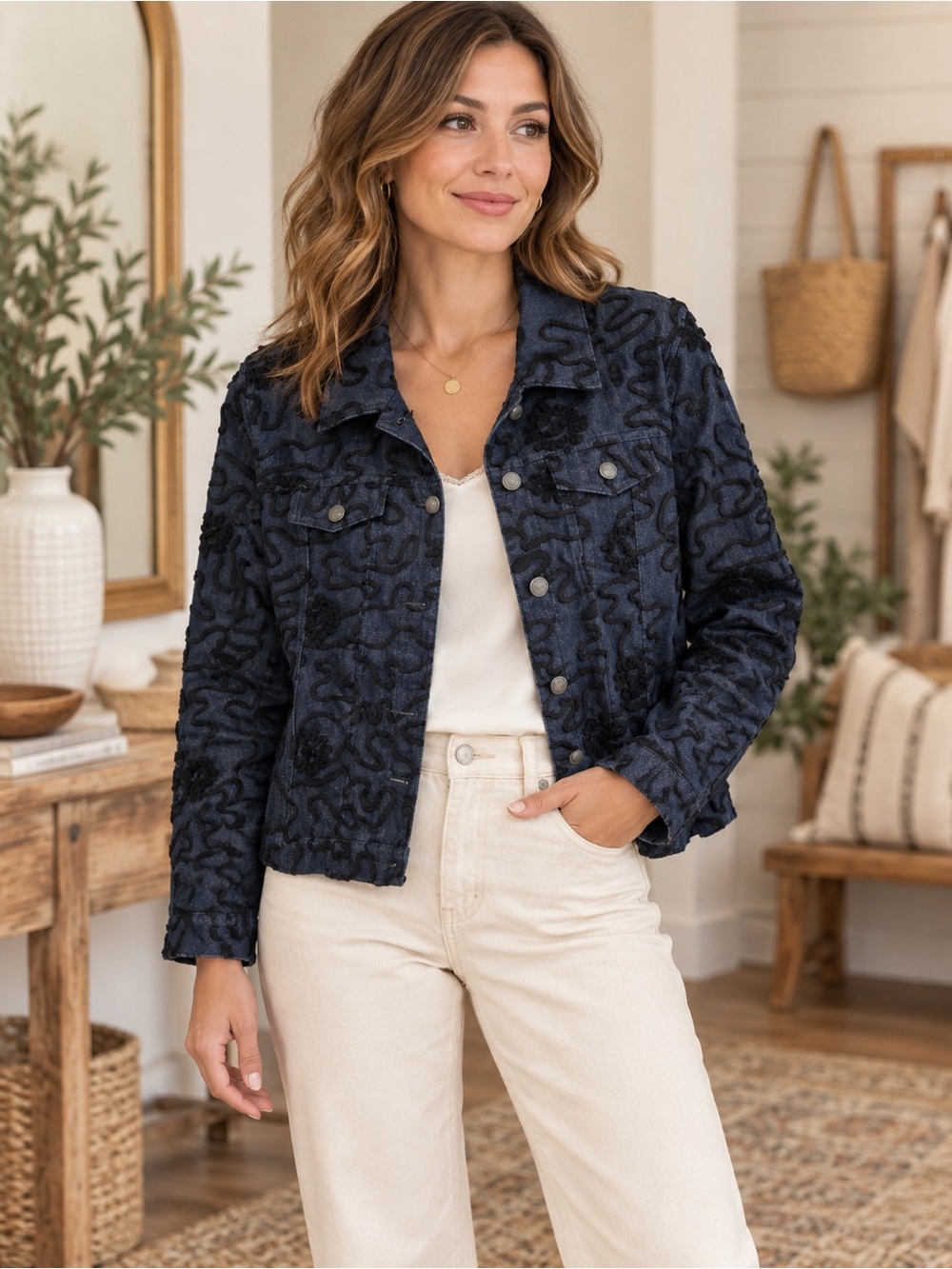 Analogy Women's Size Medium Denim with Black Ribbon Embroidered Jacket